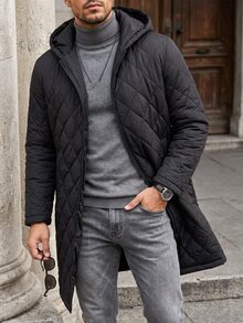 Manfinity Homme 男士素色拉鍊休閒百搭冬季連帽填充外套 - 黑色 - 查看 5