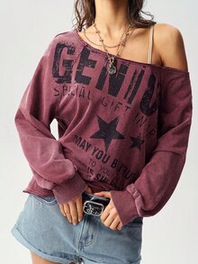 Bohemela 休閒純色針織不對稱領長袖寬鬆水洗女款衛衣 - 酒紅色 - 查看 7