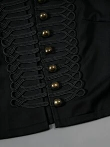 SHEIN PariChic Jaket Pendek Wanita Gaya Istana Warna Putih dengan Kerah Tegak, Jaket Kancing Logam Vintage dengan Tali Kepang, Ukuran Mungil, Memperindah Pinggang, Serbaguna, Warna Polos, Pakaian Luar Ringan - Hitam - View 3