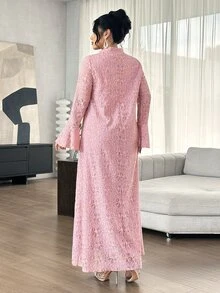 Graceveil Light Pink Lace Stand Collar Long Robe Dress, Flared Long Sleeve Middle Eastern Muslim Maxi Skirt - Pink - View 2