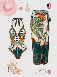 SHEIN Swim 南美椰子樹粉綠花卉定位印花高級連身女款海灘度假套裝 - 彩色 - 查看 3