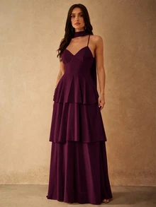 Silquee Women's Chiffon Spaghetti Strap Layered Ruffle Dress, Spring/Summer - Maroon - View 3