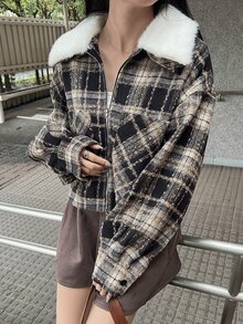 FRIFUL 女款拼接毛領格紋拉鍊休閒夾克 秋季 - 棕色 - 查看 7