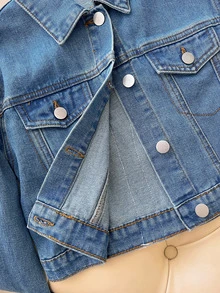 SHEIN Girls' Denim Jacket, Fashionable Versatile Vintage Washed Denim Coat With Lace Trim Patchwork Pattern And Bow Decor, Casual Lapel Collar, Long Sleeve Washed Denim Jacket - Blue - View 5