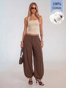 Avantive Women's Casual Commute Solid Color Lantern Pants (100% Cotton) - Brown - View 3