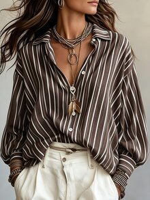 SHEIN 女款復古咖啡棕條紋翻領寬鬆長袖襯衫，垂墜休閒度假通勤百搭上衣 - 棕色 - 查看 1
