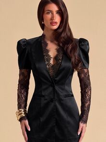 SHEIN BAE Elegant Sexy Lace Patchwork Jacket And Pants Suit Set - Black - View 4