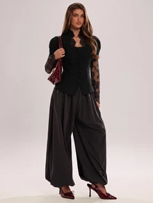 SHEIN BAE بليزر نسائي أنيق بأزرار وتطريز دانتيل مرقع - الأسود - مشاهدة 3
