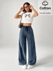 SHEIN PETITE Snow-Washed Women's Drawstring Wide Leg Sweatpants - Blue - View 1