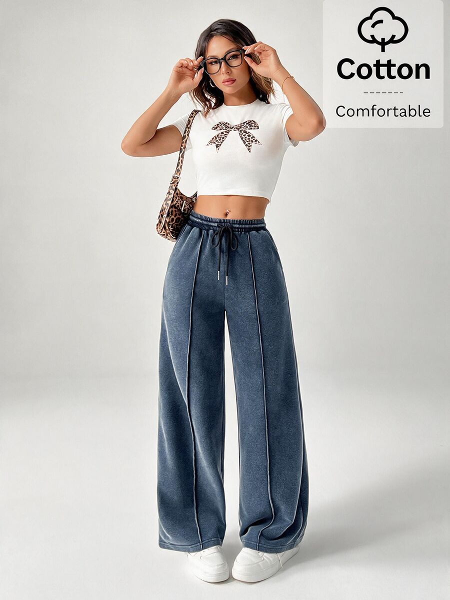 SHEIN PETITE Snow-Washed Women's Drawstring Wide Leg Sweatpants - Blue - View 1