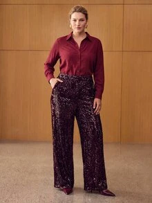 MOTF PREMIUM PLUS SIZE ELEGANT SEQUIN POCKET STRAIGHT LEG PANTS FOR BAR PARTY - Burgundy - View 3