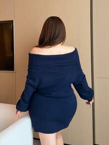 Vibekara Women's Plus Size Casual Collared Off-Shoulder Twisted Rope Raglan Sleeve Long Sleeve Sweater Dress - Navy Blue - View 2