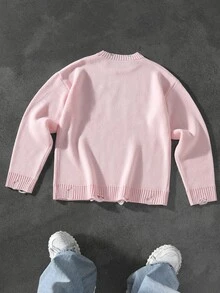 Manfinity Roghcode Men's Plus Size Distressed Long Sleeve Sweater, Casual Design - Pink - View 2
