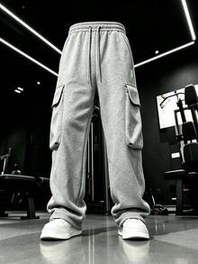 GymBeat Men's Solid Color Drawstring Waist Cargo Pocket Sports Long Pants - Grey - View 4