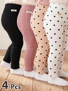 SHEIN 4件組女嬰針織純色愛心圖案休閒內搭褲套裝 - 彩色 - 查看 1