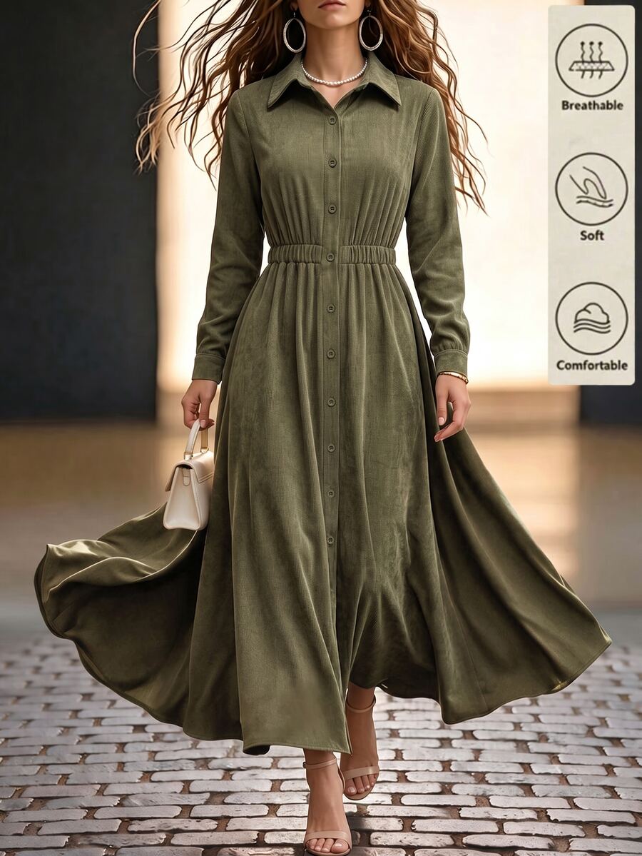 SHEIN Holidaya Women's Button-Up Ruched Waist Pleated Vacation Dress, Autumn/Winter - Army Green - View 1