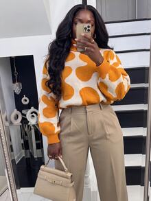 Slaydiva Plus Size Vacation Jacquard High Neck Long Sleeve Pullover Sweater - Orange - View 10