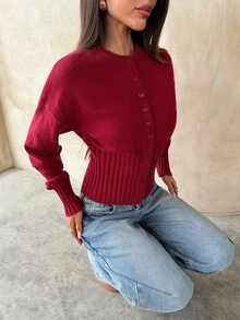 Aloruh Women's Winter Y2K Red Fashion Round Neck Button Front Long Sleeve Loose Top Tight Bottom Cardigan Sweater Warm - Red - View 7