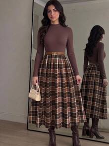 Tween女孩秋冬休閒通勤度假優雅高領長袖針織羅紋拼接格紋長洋裝 咖啡棕色 女童洋裝 - 棕色 - 查看 7