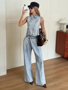 DAZY Light Blue Lapel Sleeveless Single-Breasted Waist-Cinching Denim Vest Paired With Loose Wide-Leg Denim Pants Set - Blue - View 7