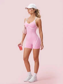 SHEIN Sovereign Charm Rompi Olahraga Wanita Minimalis Bergaris dengan Kombinasi Warna - Berwarna merah muda - View 4