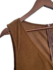 GlowEve CURVE Plus Size Women's Autumn/Winter Fashion Casual Pastoral Style Ribbed Spaghetti Strap Jumpsuit - Coffee Brown - View 4