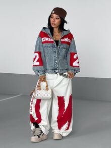 StreetHx Women's Patchwork Embroidered Button Long Sleeve Hooded Denim Jacket - Blue - View 4