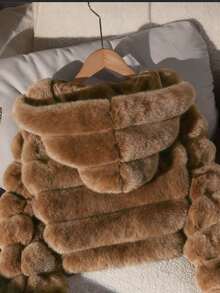 1pc Girls Soft Fuzzy Jacket, Elegant & Noble Long Sleeve Short Slim Fit Hooded Coat, Suitable For Autumn/Winter - Brown - View 7
