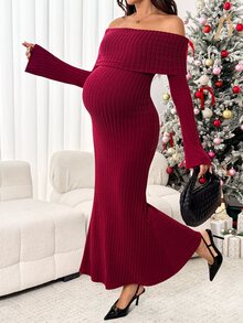 SHEIN Maternity Solid Color Off-Shoulder Casual Party Summer Dress - Red - View 1