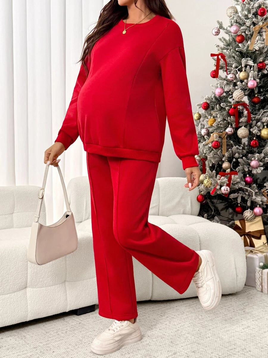 SHEIN 孕婦純色圓領長袖運動衫與長褲休閒兩件套 - 紅色 - 查看 1