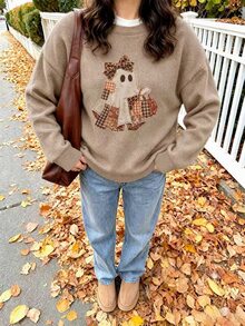 SHEIN ICON Women's Casual Autumn Halloween Theme Top, Patchwork Ghost Pattern Crew Neck Long Sleeve Sweatshirt - Khaki - View 1
