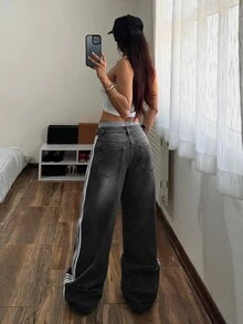 StreetHx 女款休閒水洗對比色條紋牛仔長褲 - 淺灰色 - 查看 2
