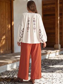 EMERY ROSE Plus Size Vintage Notch V-Neck Shirt And Drawstring Waist Pants 2 Pieces Set - Multicolor - View 2