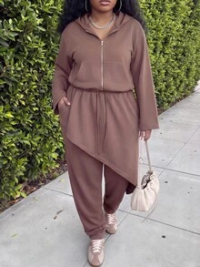 Slaydiva Autumn/Winter Brown Hooded Cardigan & Asymmetrical Hem Jogger Pants 2 Pieces Set Plus Size Fall - Brown - View 6