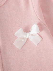 SHEIN 2件裝女嬰長袖連身衣，可愛甜美粉色與白色，蝴蝶結緞帶，圓領，常規款，適合秋季假期派對，前開拉鍊 - 彩色 - 查看 5