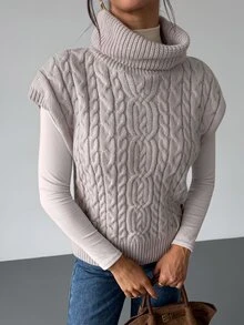 Firerie Women's Cable Knit High Neck Knotted Waist Casual Vest - Apricot - View 5