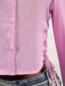 Mistrie Women's Fashion Button Cinched Waist Long Sleeve Shirt - Pink - View 8