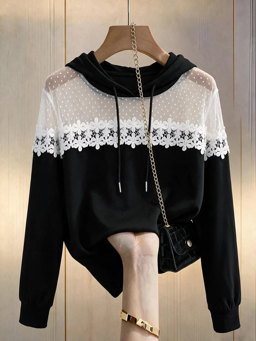 GlowEve CURVE Plus Size Women's Spring/Autumn Casual Minimalist Versatile Mesh Lace Black & White Color Block Hooded Sweatshirt - Black and White - View 1
