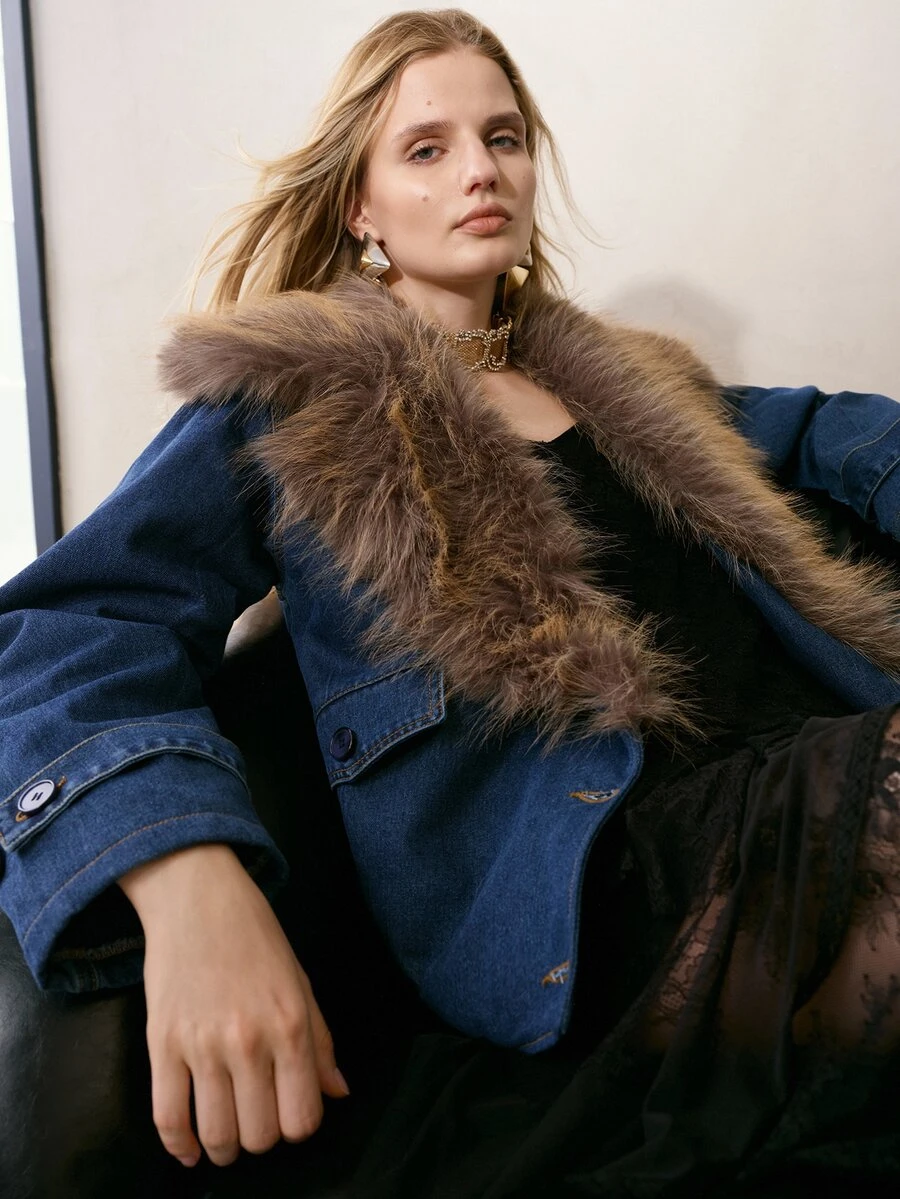 MOTF PREMIUM FAUX FUR PATCHWORK WASHED BLUE DENIM JACKET - Blue - View 1