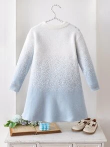 SHEIN 女童新款秋冬藍色圓領優雅寬鬆提花針織保暖毛絨質感毛衣洋裝，時尚甜美獨特設計，適合外出、派對、開學與假期穿搭 - 淺藍色 - 查看 2