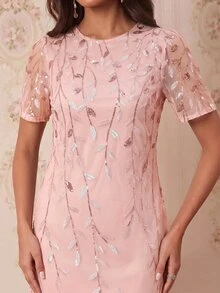 Amorya 女款優雅派對亮片刺繡網紗短洋裝 - 粉色 - 查看 7