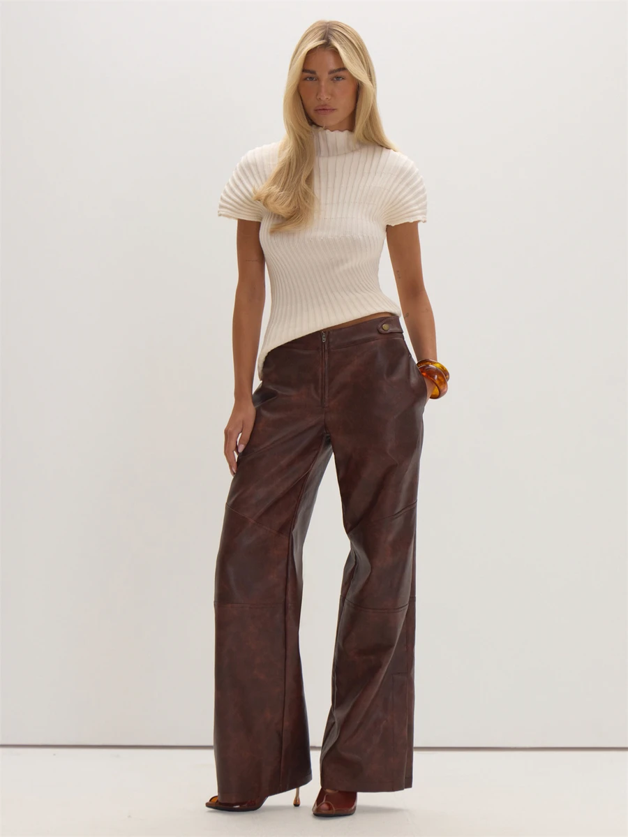 MUSEYN Deep Red PU Pants Versatile Everyday Casual Fall - Coral Red - View 1