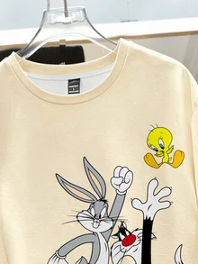 LOONEY TUNES X SHEIN Daypath 男士大尺碼卡通印花短袖T恤 - 杏色 - 查看 3