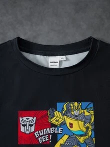 Transformers X SHEIN Tween Boy Crew Neck Letter Print Short Sleeve Top And Shorts Casual Daily Home Pajama Set - Black - View 3
