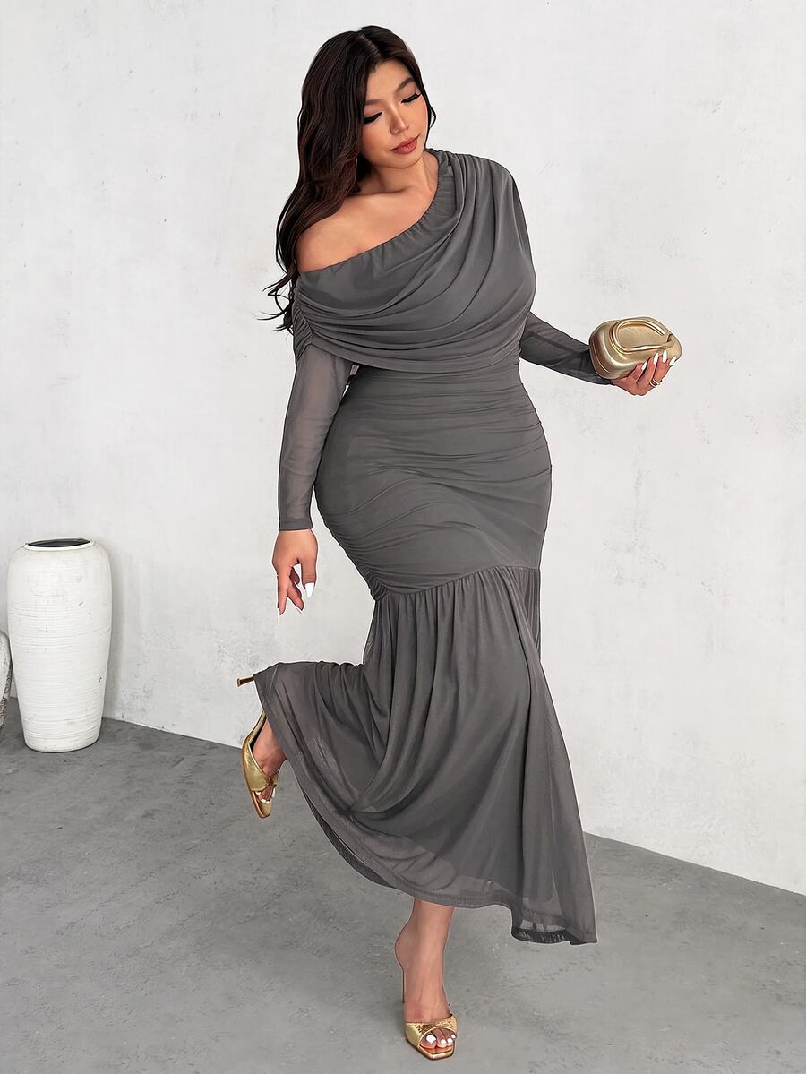 Firerie Plus Size Asymmetrical Shoulder Ruched Fishtail Hem Sexy Dress Fall