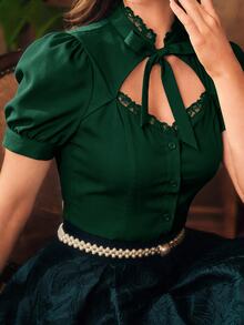 Vintamour Women's Lace Patchwork Casual Versatile Daily Wear Blouse - Dark Green - View 3