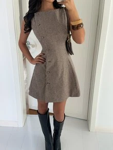 Aloruh Women's Autumn/Winter New Houndstooth Pattern Waist-Cinched A-Line Single-Breasted Mini Dress - Brown - View 3