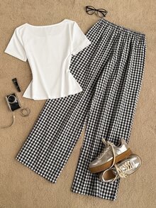 Tseoso Women's Knight Embroidery Short Sleeve T-Shirt And Plaid Long Pants Casual Preppy 2 Pieces Set Everyday School White Black And White Summer - Black and White - View 2