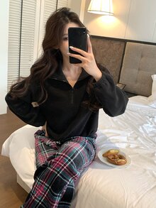 DAZY Bộ đồ ngủ nữ mùa thu/đông gồm áo kẻ caro và quần dài - màu đen - Xem 8
