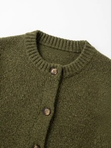 Grovea Plus Size Green Knit Cardigan Women's Round Neck Button Front Long Sleeve Loose Casual Knit Sweater Jacket Top Winter - Green - View 3